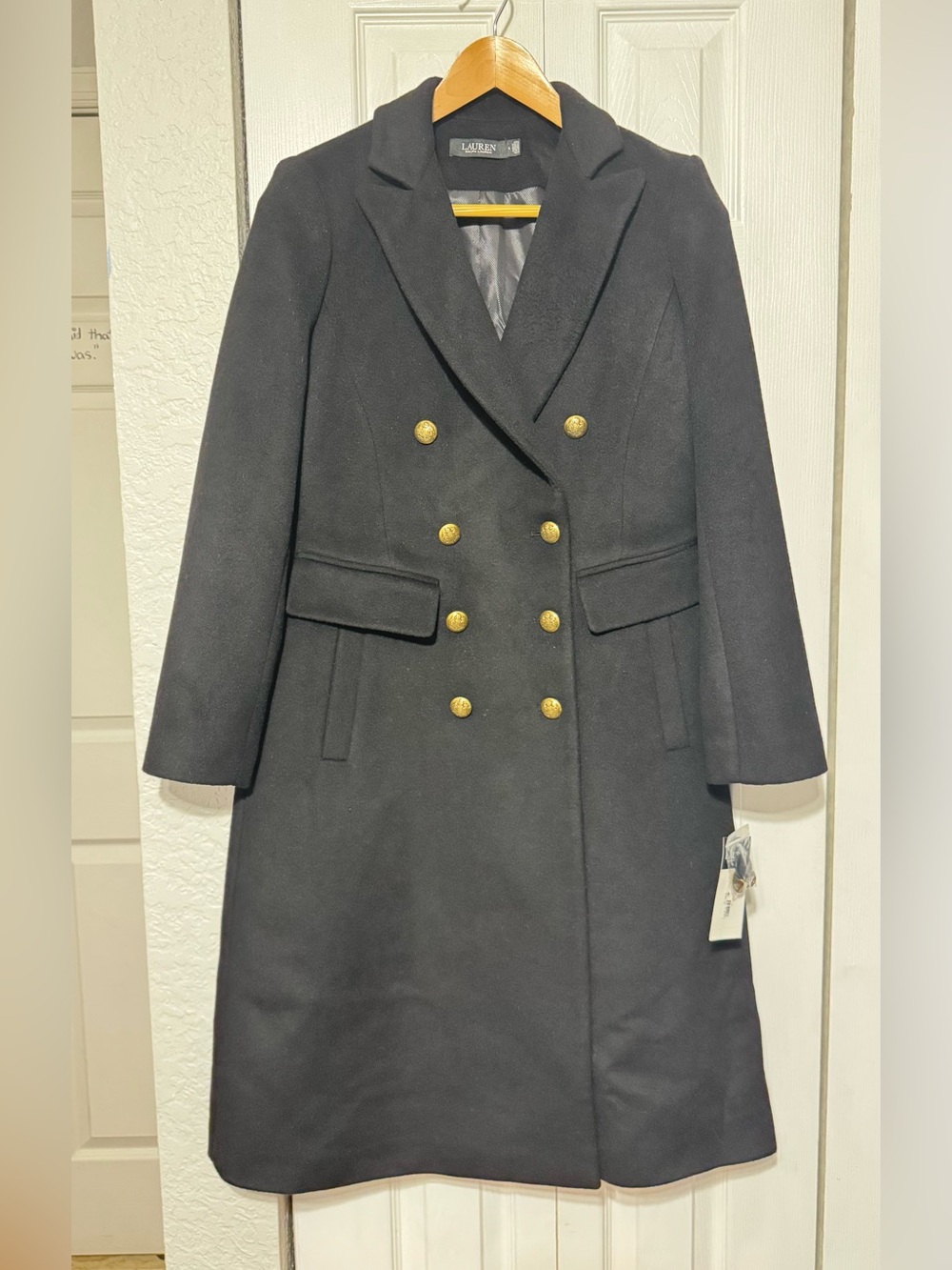 Ralph Lauren Black Double-Breasted Pea Coat with Gold Buttons